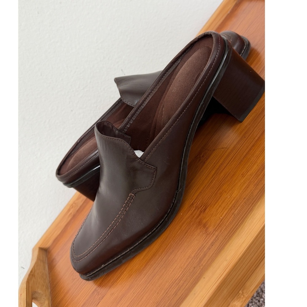 Bass Ceecee Brown Leather Square Toe Block Heel Mules 9.5M 621020A-206 Preppy - Picture 13 of 16